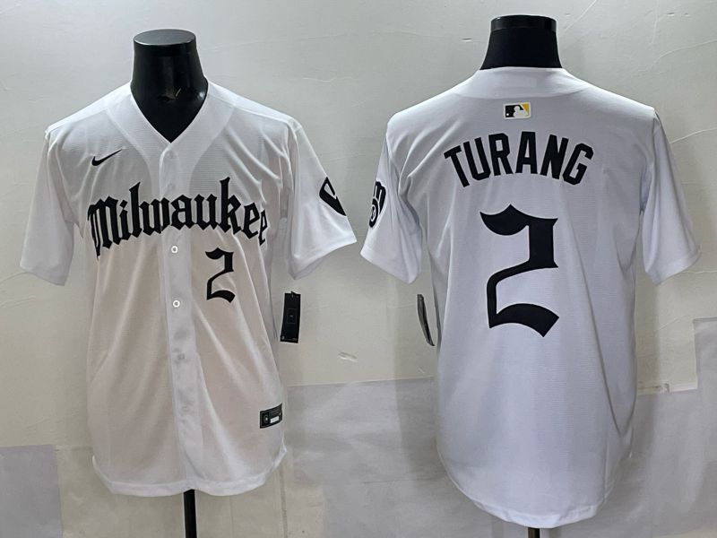 Men 2025 Milwaukee Brewers #2 Turang White Five generations Joint Name Nike MLB Jersey style 4